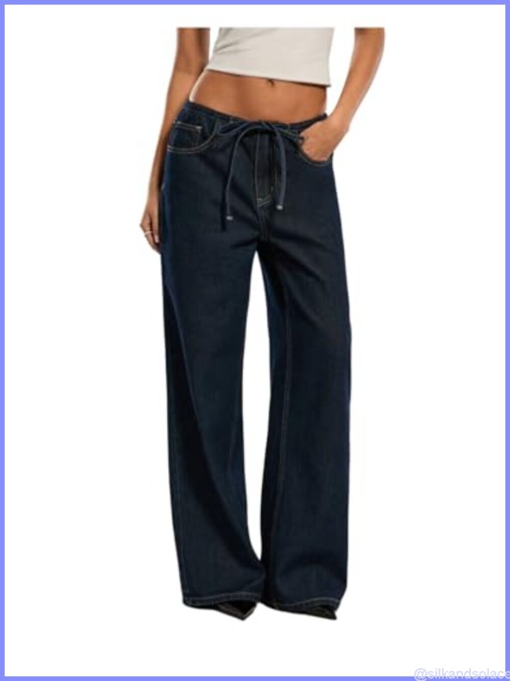 Women's Low Rise Baggy Wide Leg Drawstring Jeans Casual Denim Trousers